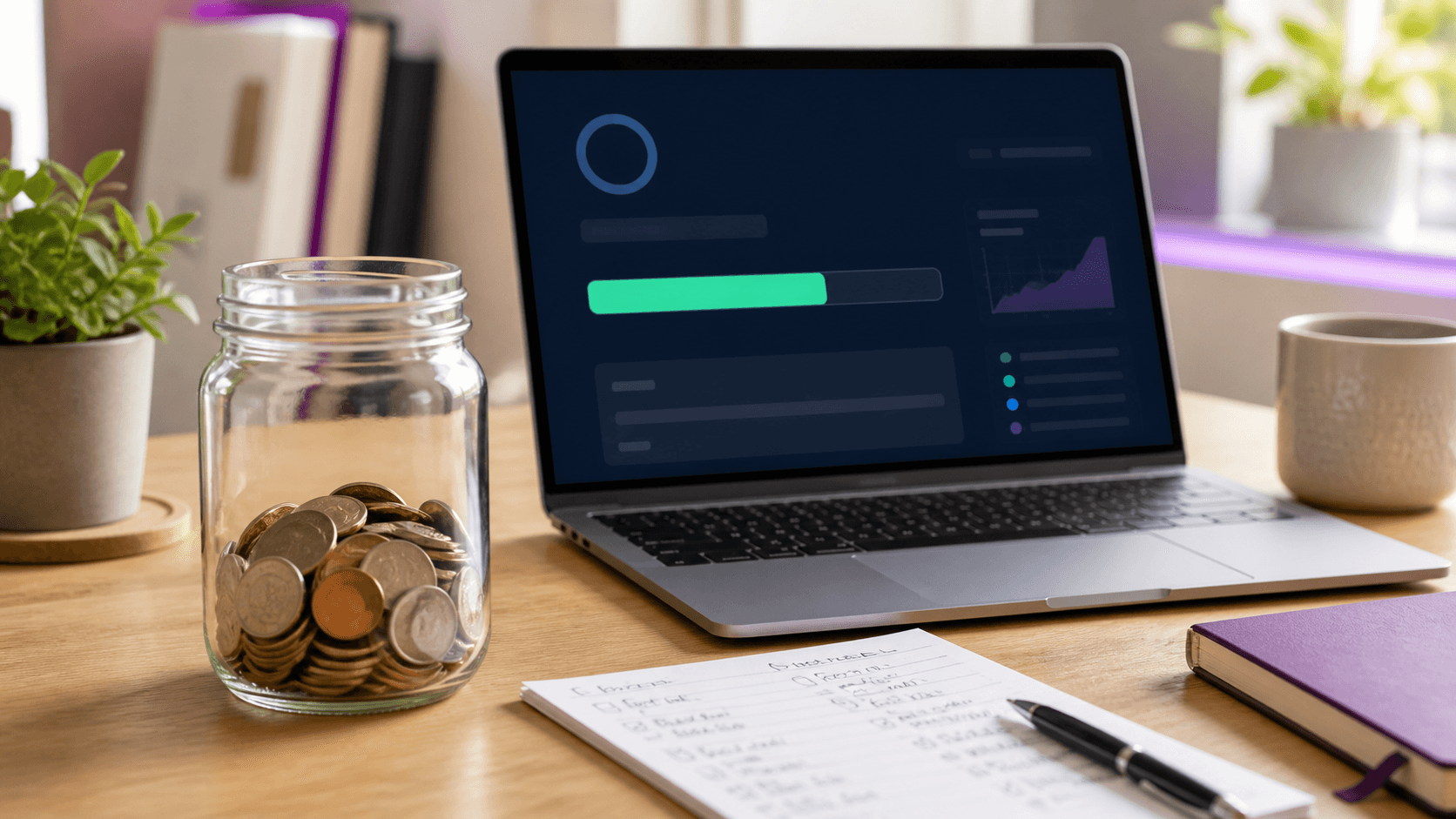 Savings jar filling up against a list of essential monthly expenses