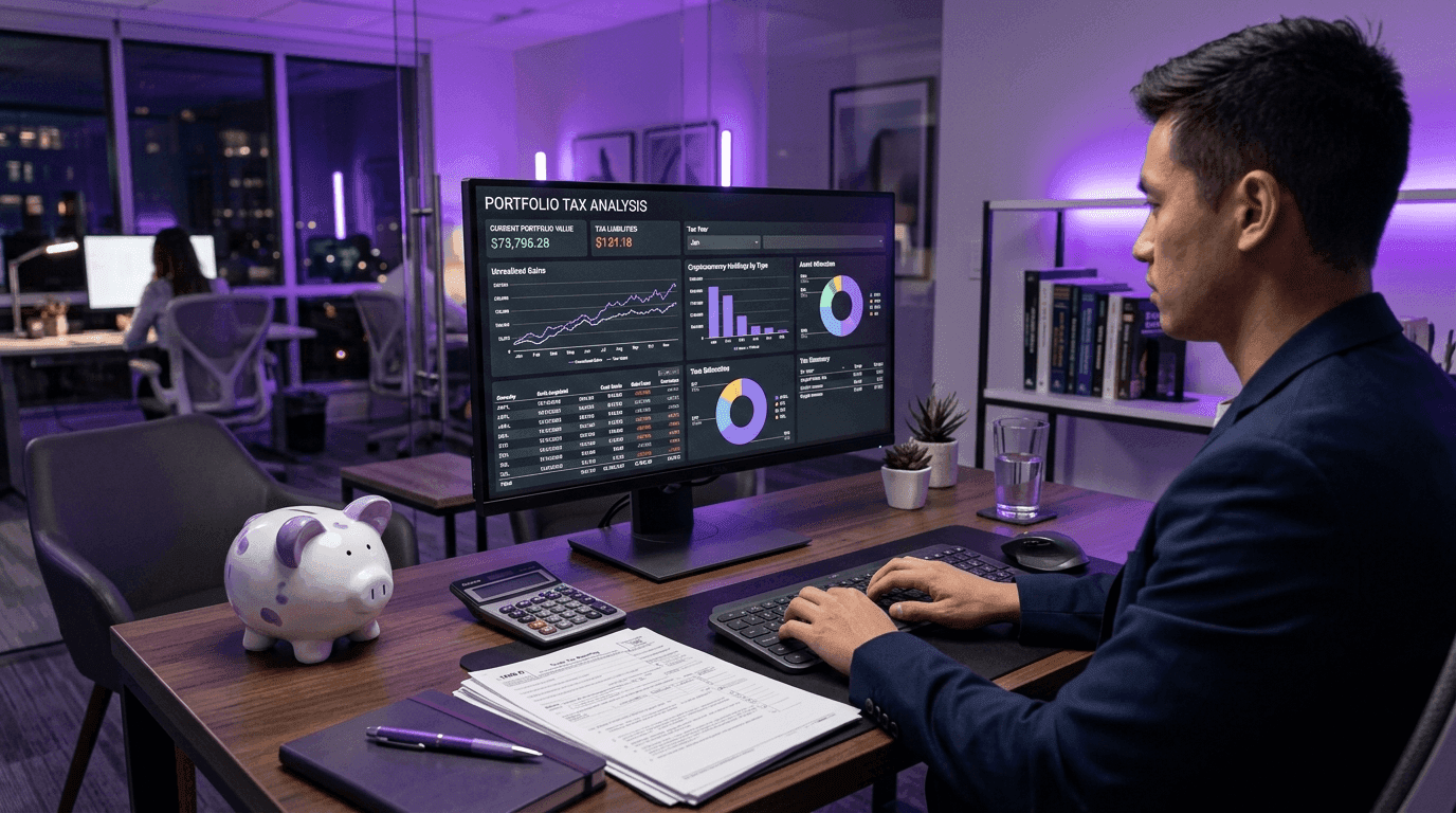 Modern desktop workstation showing portfolio tax planning screens and documents