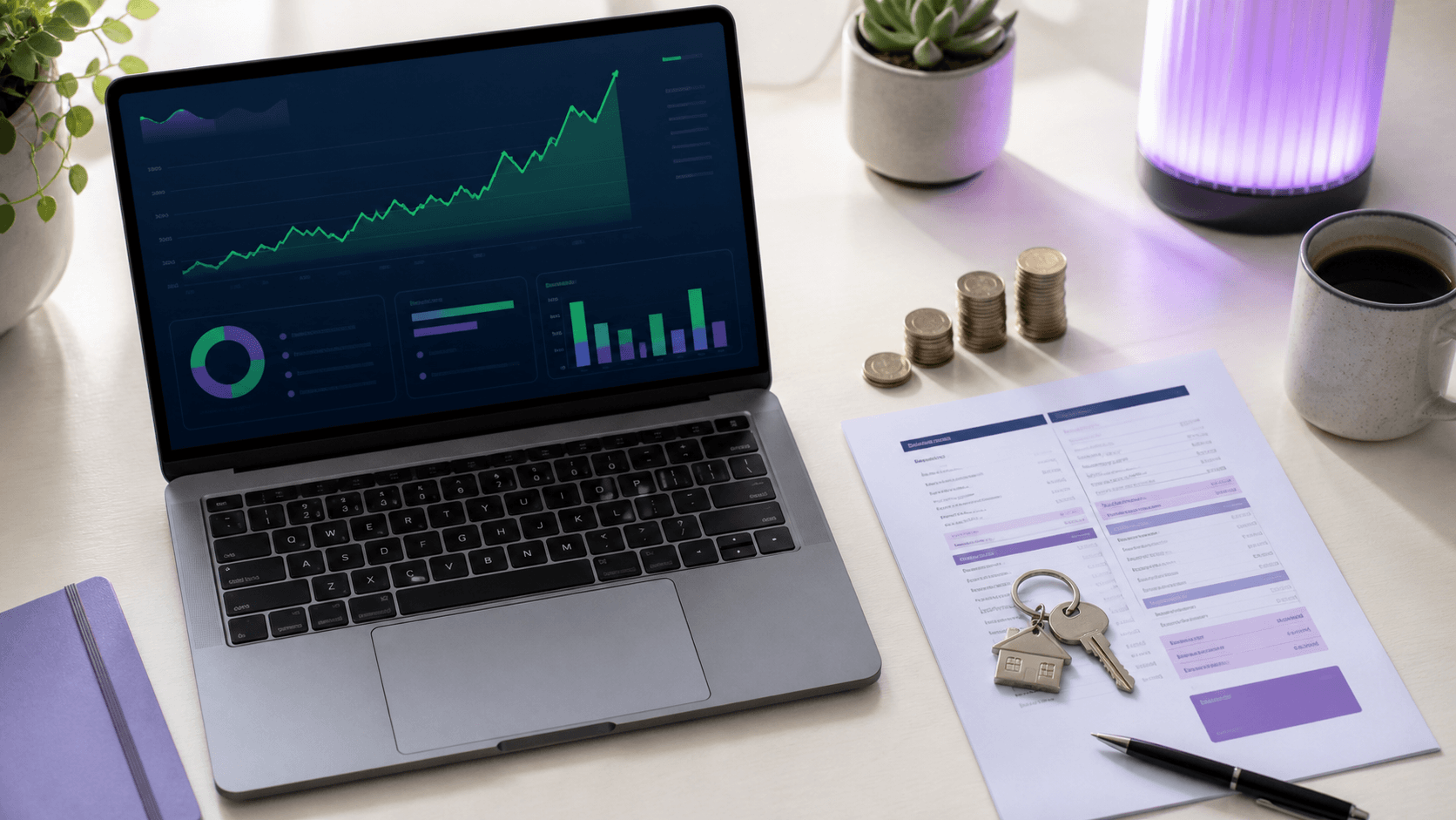 Balance sheet of assets and debts with a rising net worth line