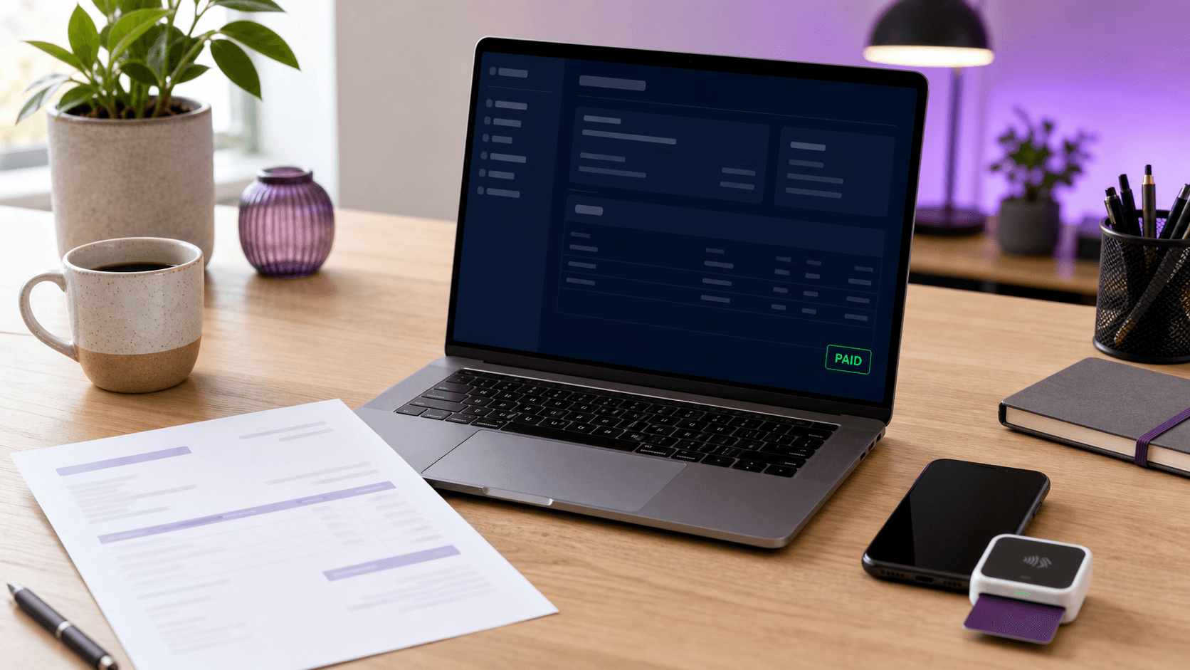 Invoice on screen with line items, totals and payment terms