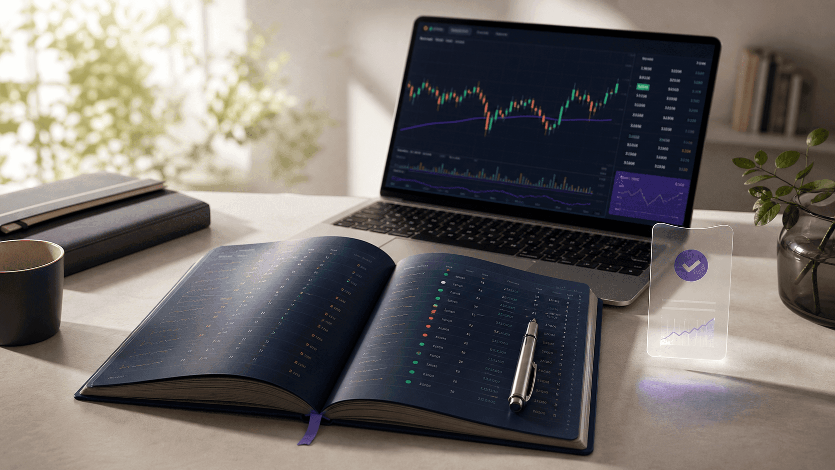 A trading journal open next to a price chart on a laptop