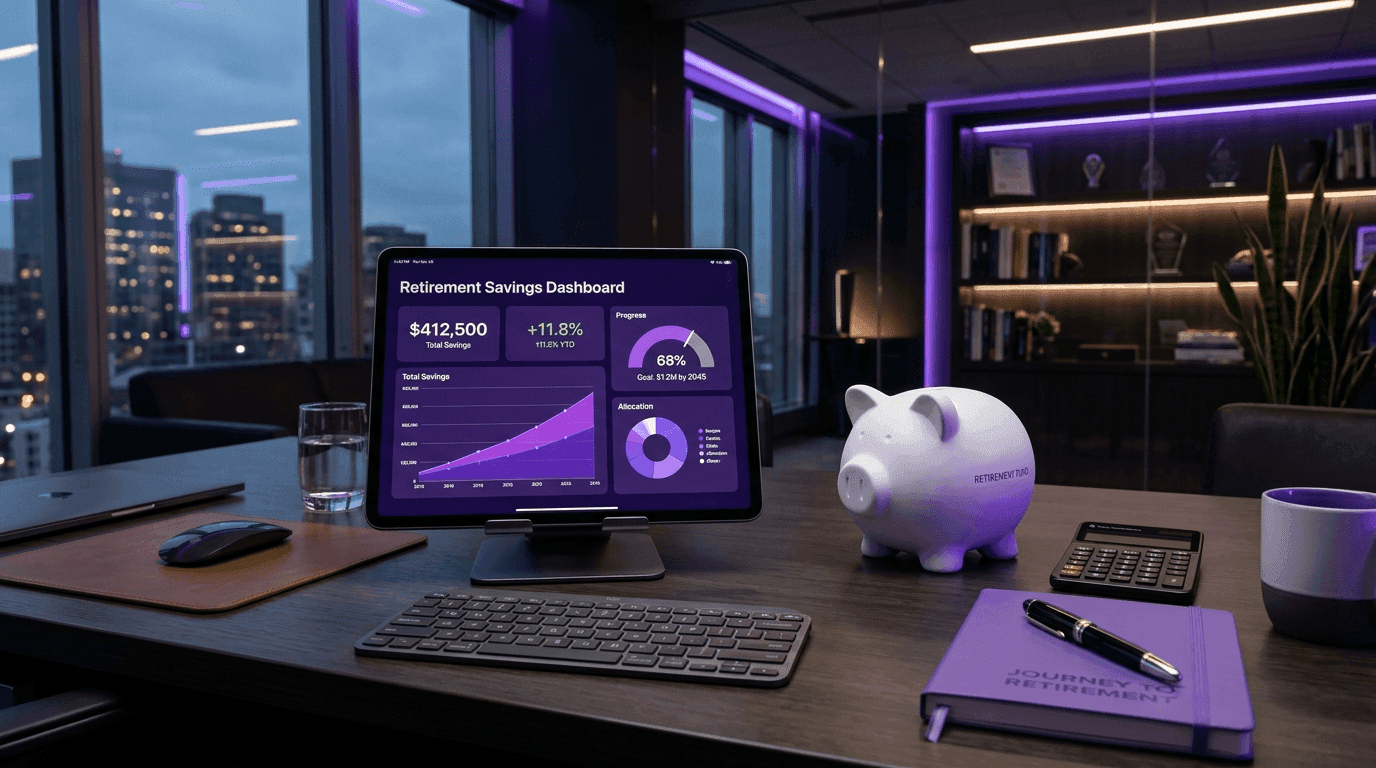 Modern office desk showing retirement savings planning on a tablet screen