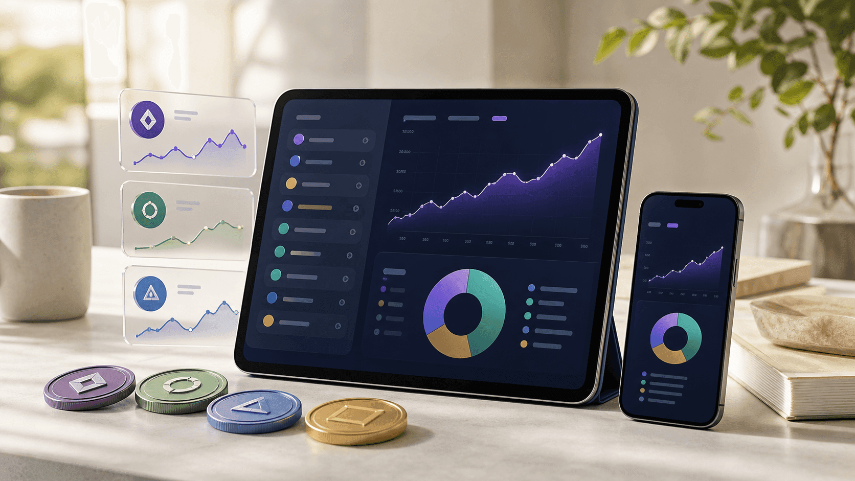 A portfolio dashboard showing holdings, gains and allocation