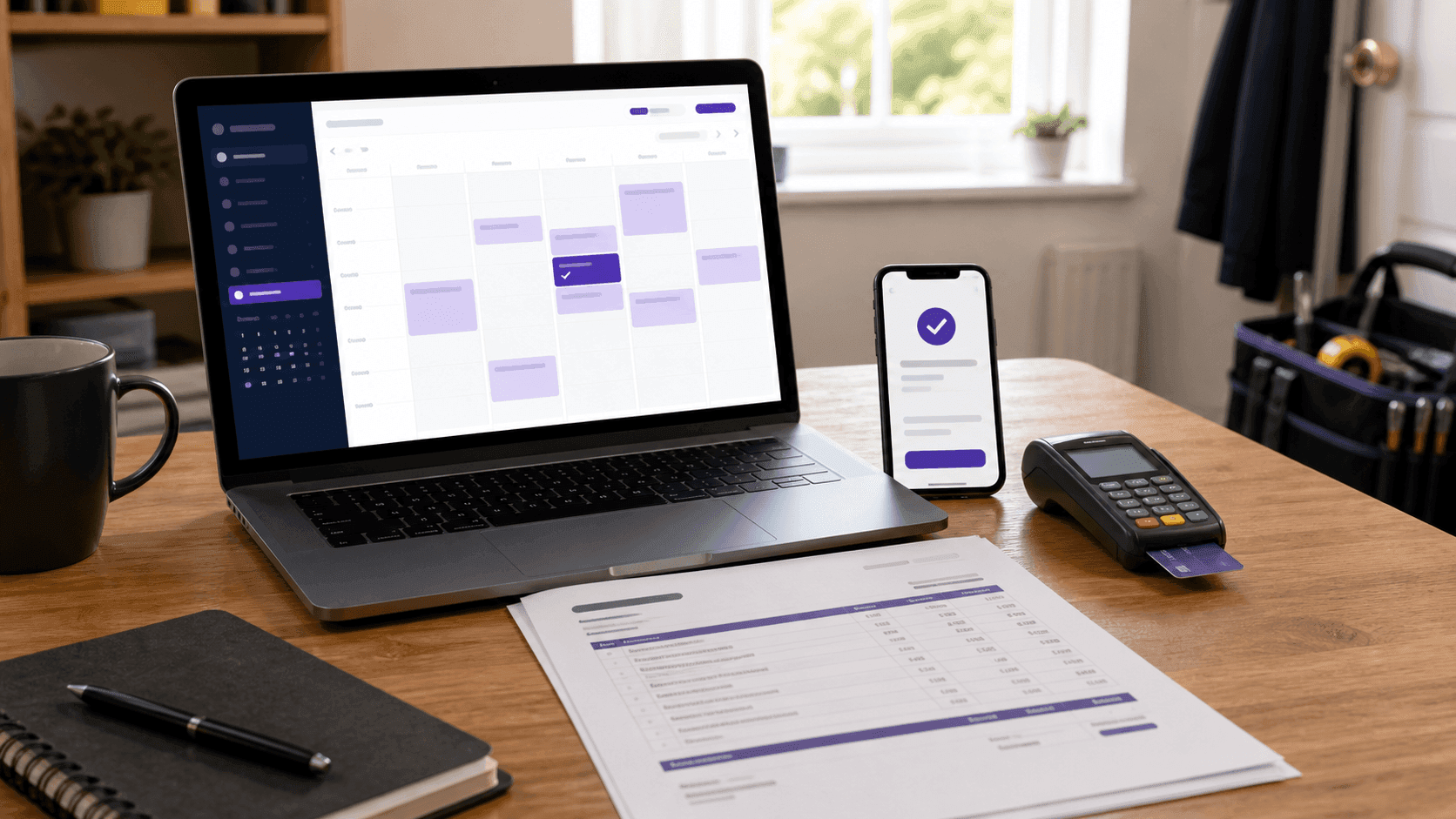 Laptop booking calendar beside a confirmed appointment, card reader and printed quote