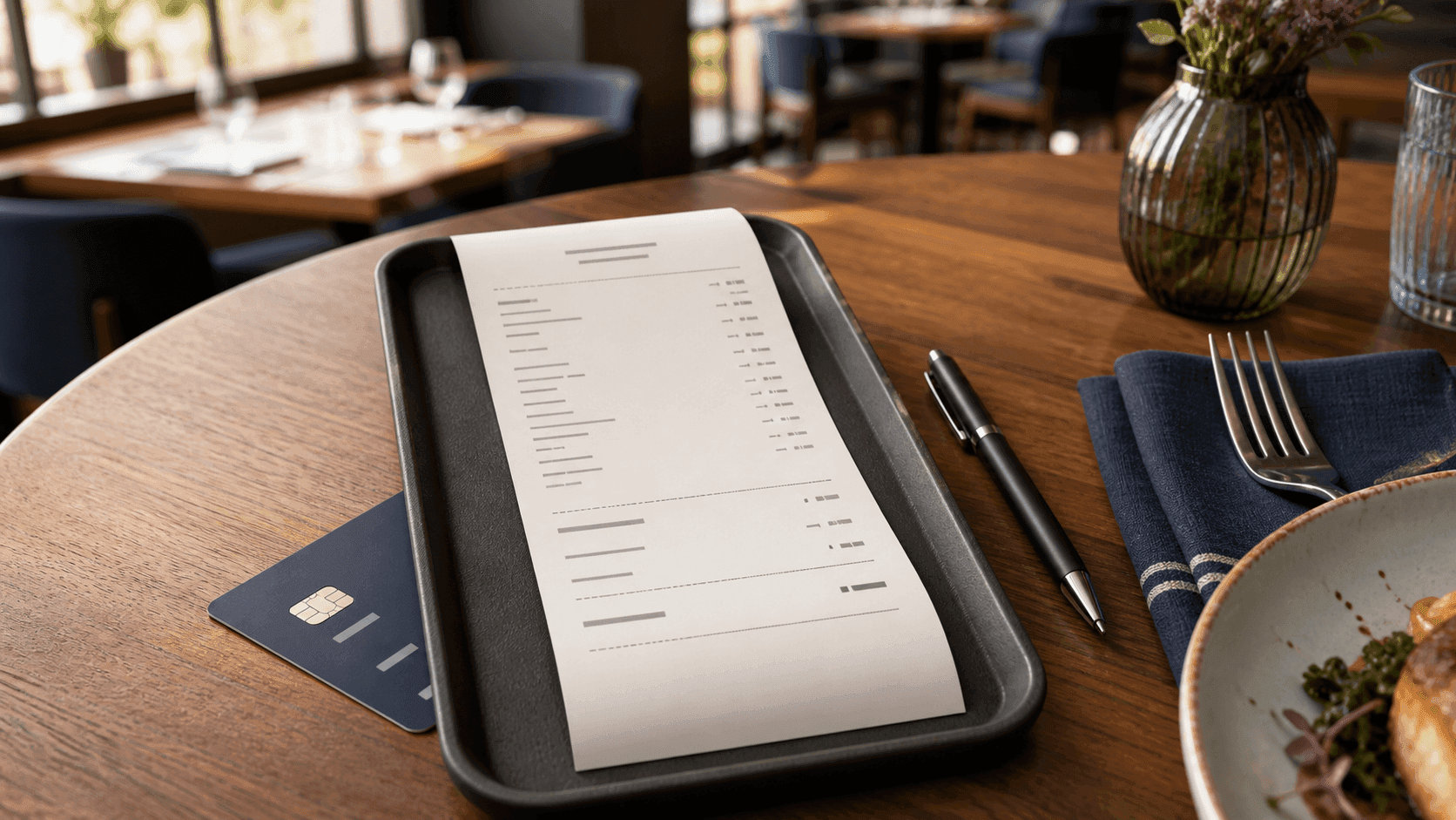 Restaurant receipt with itemised lines, tax and tip