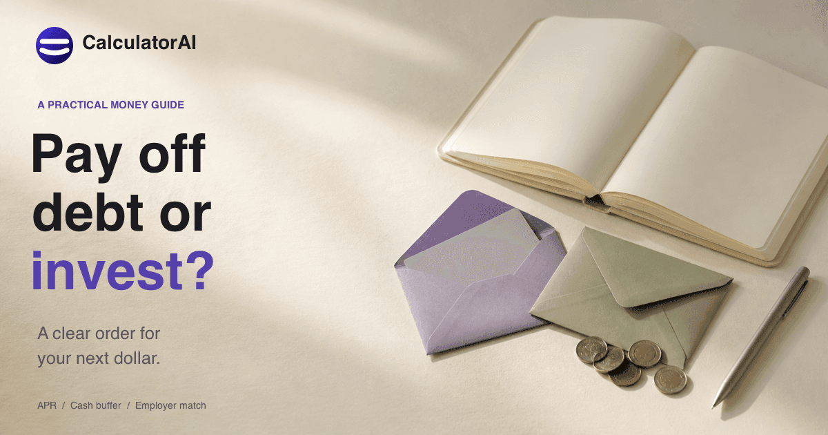 Pay off debt or invest? A notebook, violet and sage envelopes, a credit card and coins on a light desk.