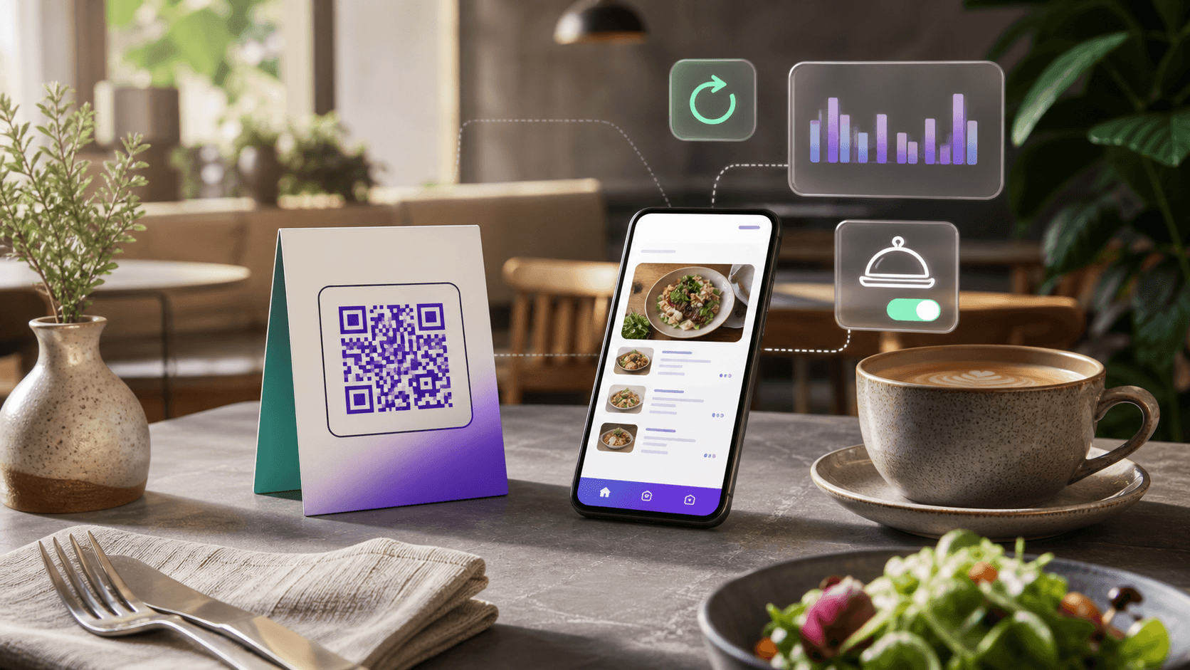 Restaurant table with a QR menu and phone preview