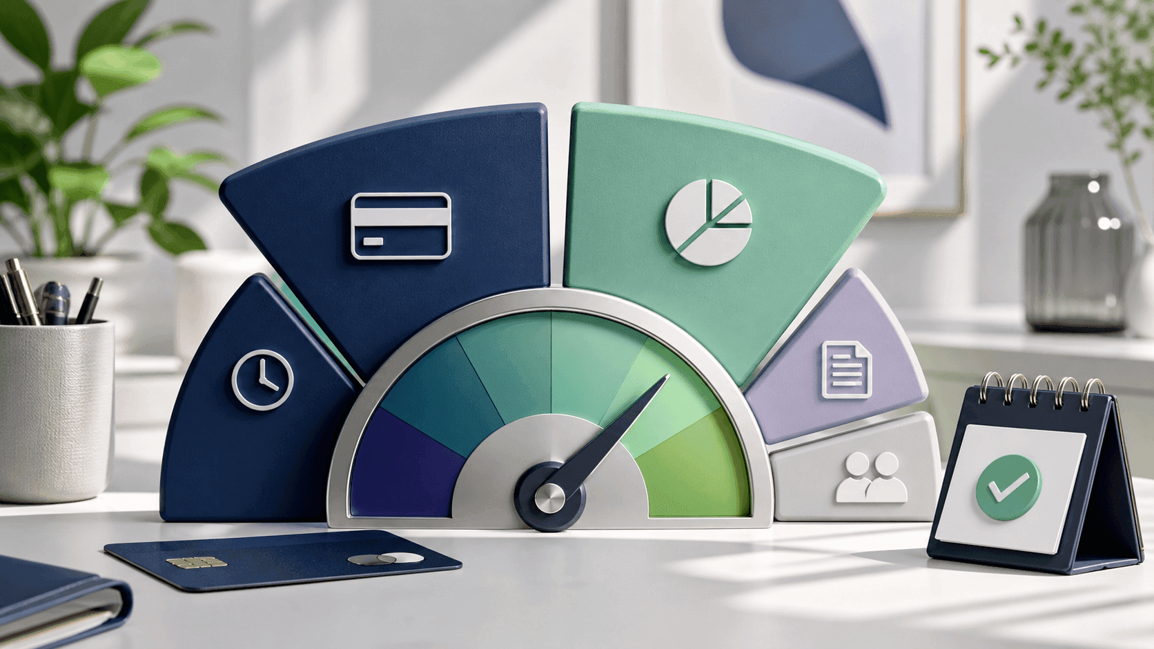 Credit score gauge with utilization and payment history factors