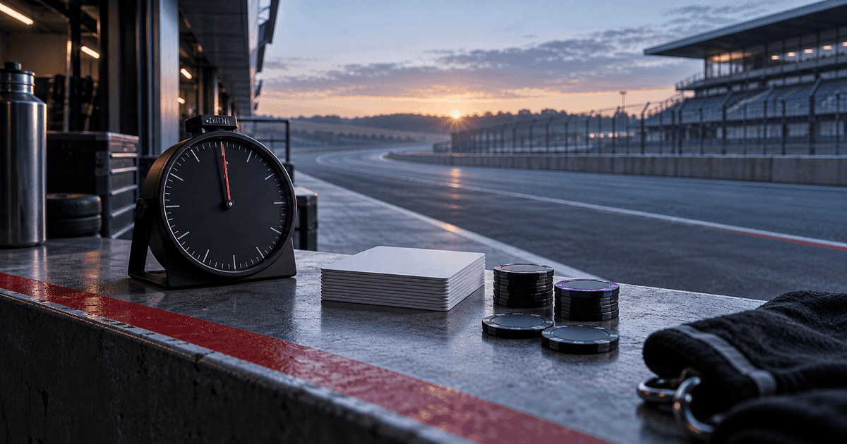 A dawn motorsport pit wall with a countdown clock, a red risk boundary and an options trade plan represented by blank cards and tokens