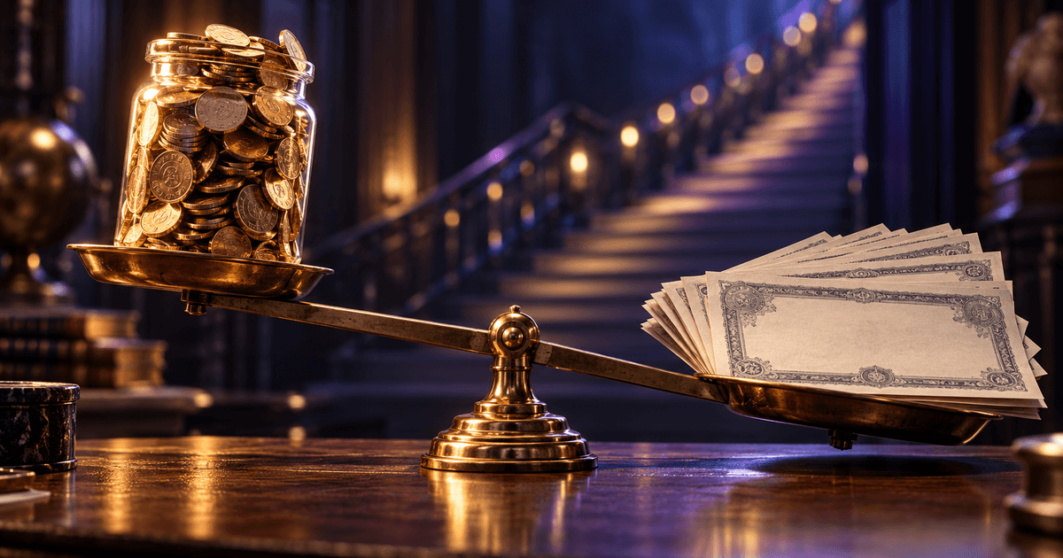 A cinematic close-up of a brass seesaw: a tall jar of coins rising on one side while a fanned stack of plain bond certificates sinks on the other