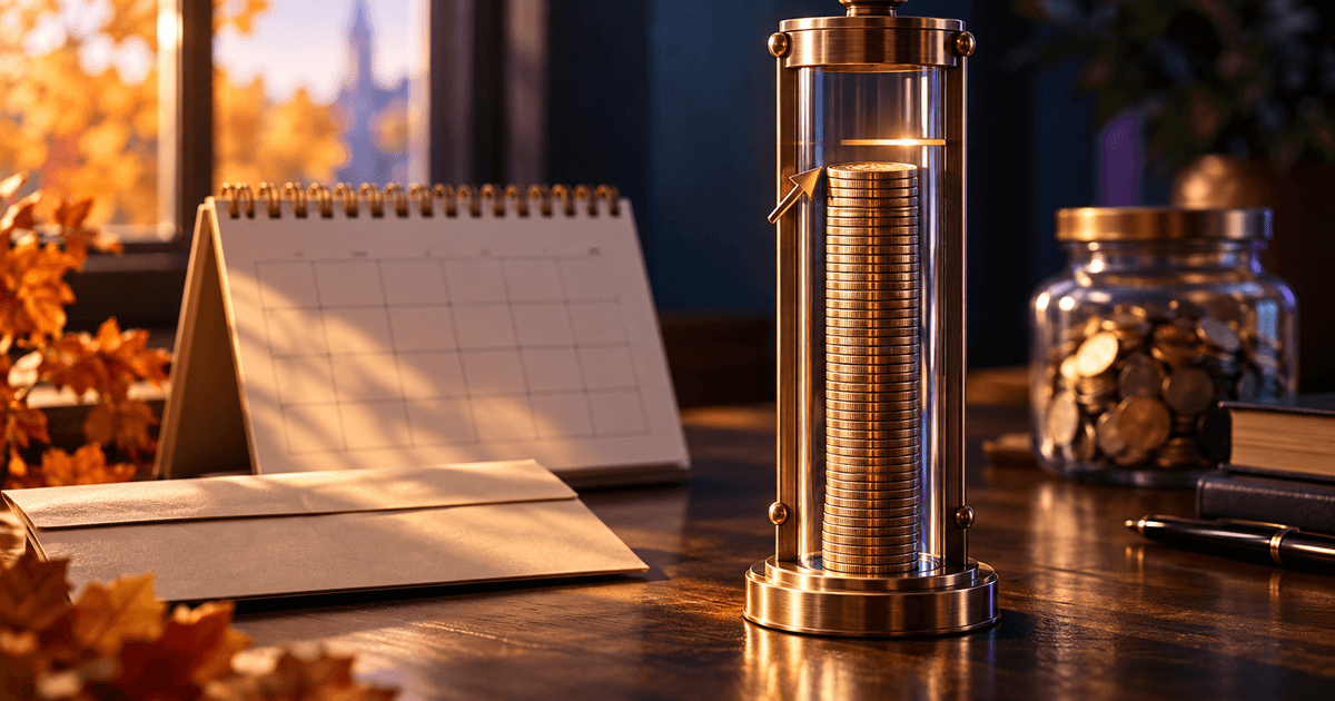 A thermometer-style gauge of stacked coins with its mercury line resting just under a marked notch