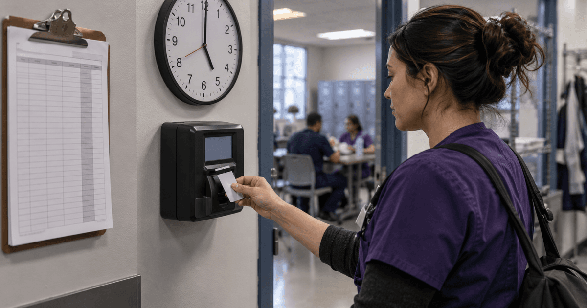 Hourly healthcare worker using a workplace time clock at the end of a shift
