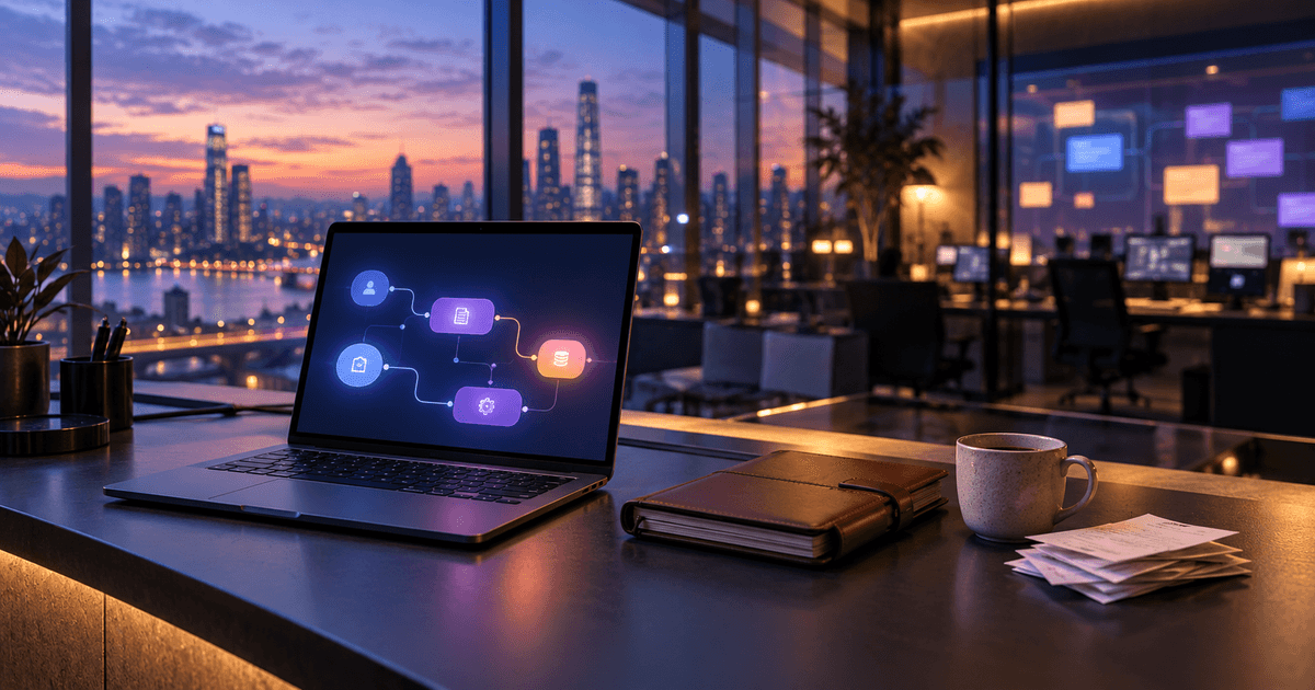 A calm operations desk at dusk with a laptop showing an abstract flow of connected steps and a monthly paper planner, lit by soft violet light