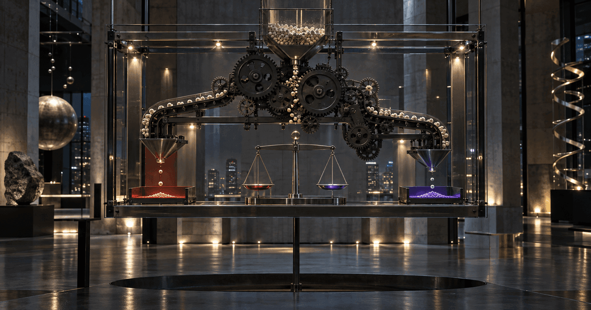 A transparent automated trading mechanism being inspected in a museum-like test laboratory with red and violet risk indicators