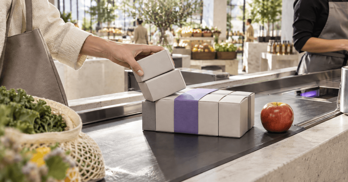 Six premium subscription parcels moving toward a violet bundle gate while unused parcels are diverted at a modern transit station