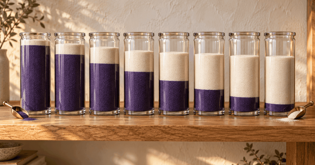 A row of tall glass jars on a wooden shelf, each filled with two layers of coloured sand, the darker violet layer shrinking from left to right as the pale layer grows