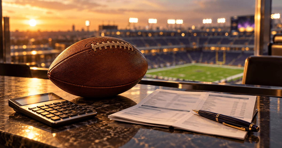 A football resting on a polished desk beside a calculator, a pay stub and a pen in warm stadium-evening light, with a restrained violet accent