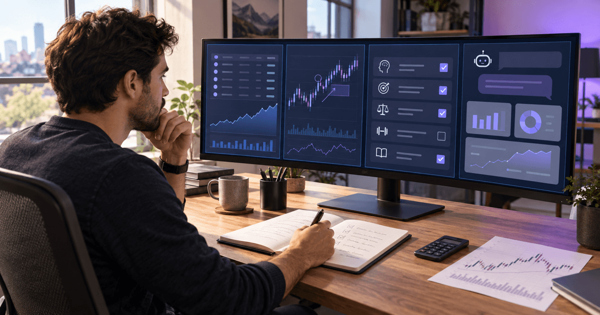 A trader comparing four journal dashboards beside a notebook, trade chart and restrained purple desk accessories