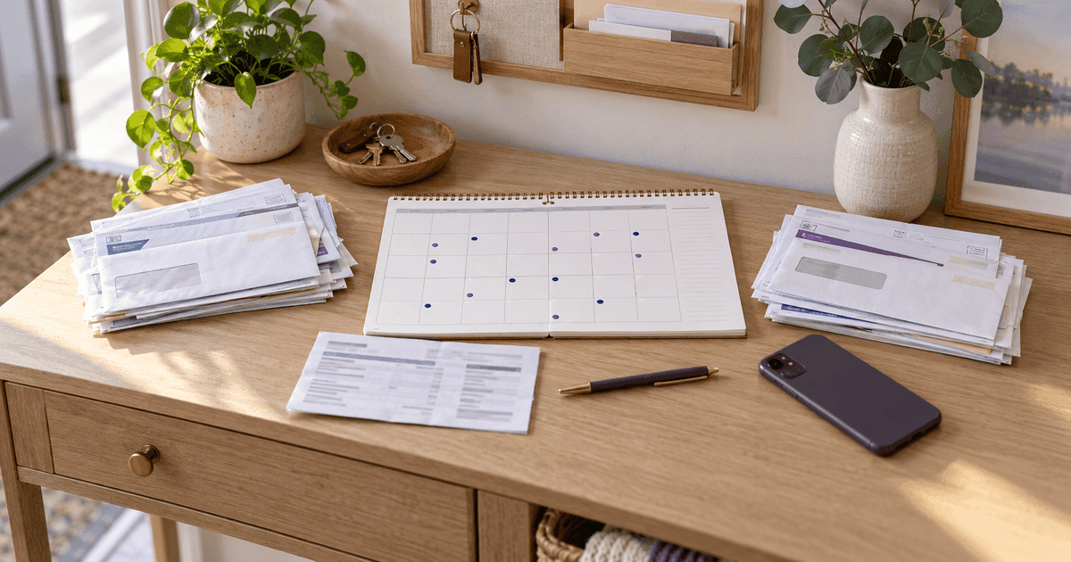 A desk with a printed monthly calendar marked with due dates, a stack of opened bills, a pay stub and a pen beside a phone, in soft daylight