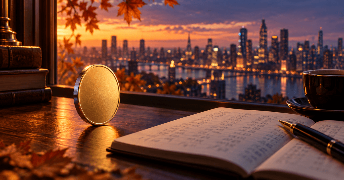 A single gold-toned coin standing on its edge on a dark desk beside a notebook of handwritten price notes, lit by low autumn window light with a soft violet glow