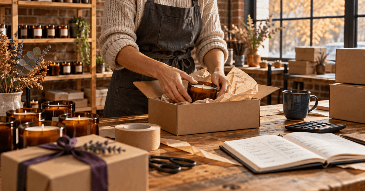 A small maker's workbench with hand-poured candles, kraft shipping boxes and a notebook of figures in soft natural light, with a restrained violet accent