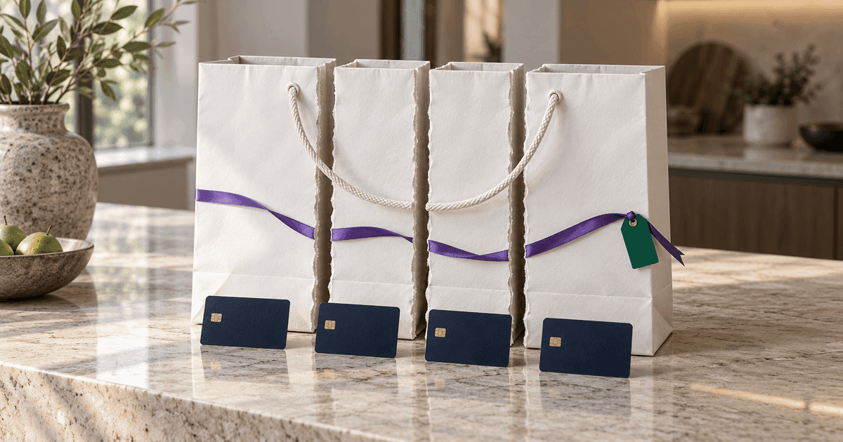 A shopping bag cut into four equal slices like a cake on a kitchen counter, each slice standing on a different day of a paper wall calendar