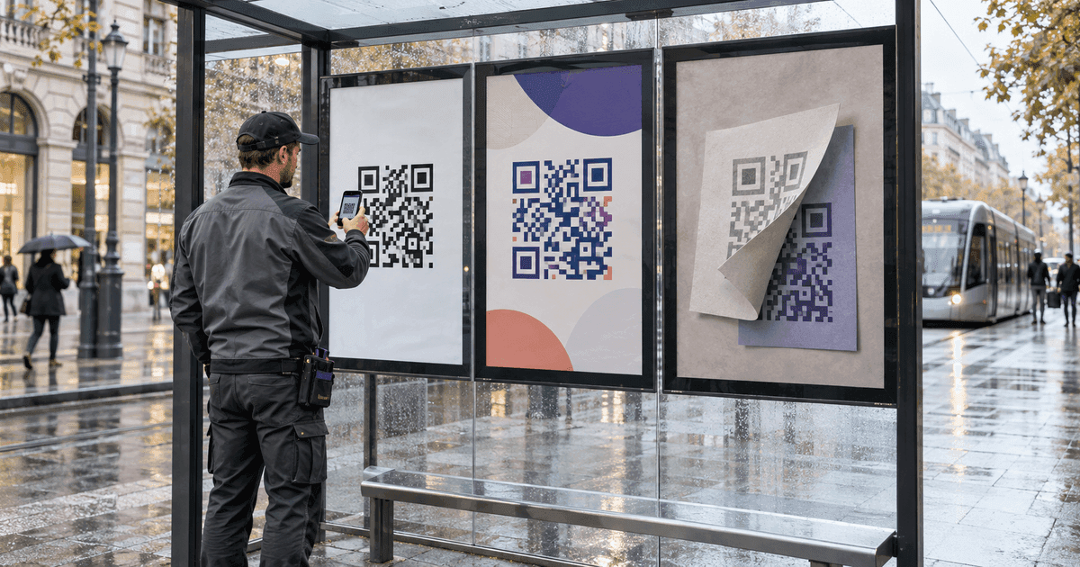 A city poster installer testing three distinct QR poster proofs at a modern tram shelter with one restrained violet design accent