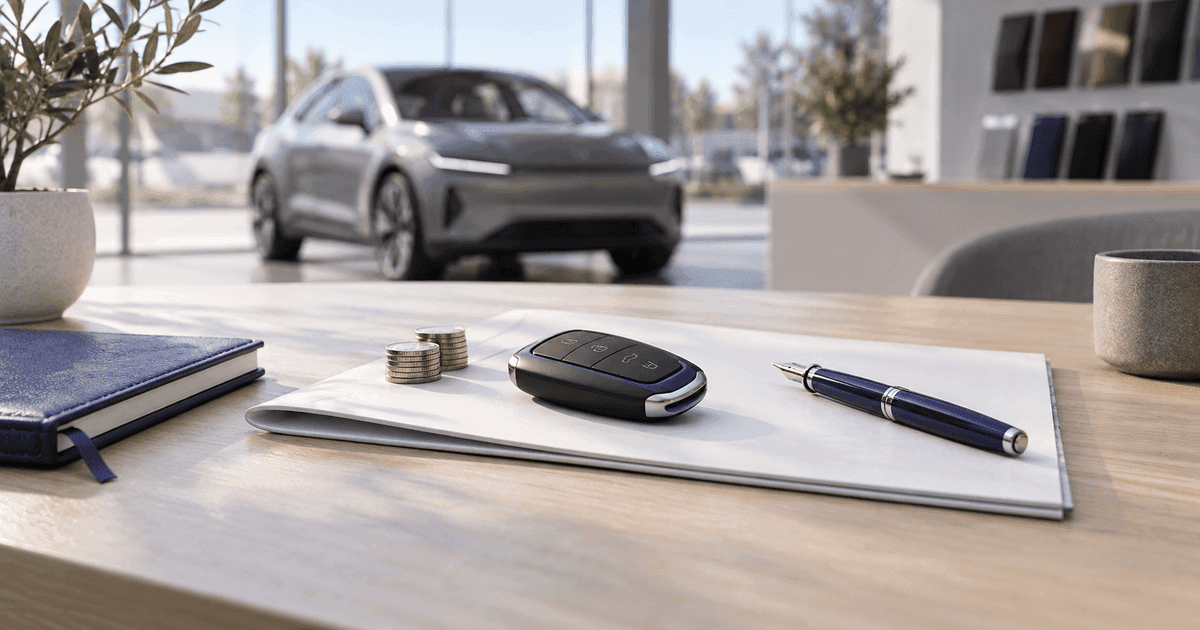 A set of car keys and a folded loan contract on a light desk beside a small model car, in soft window light