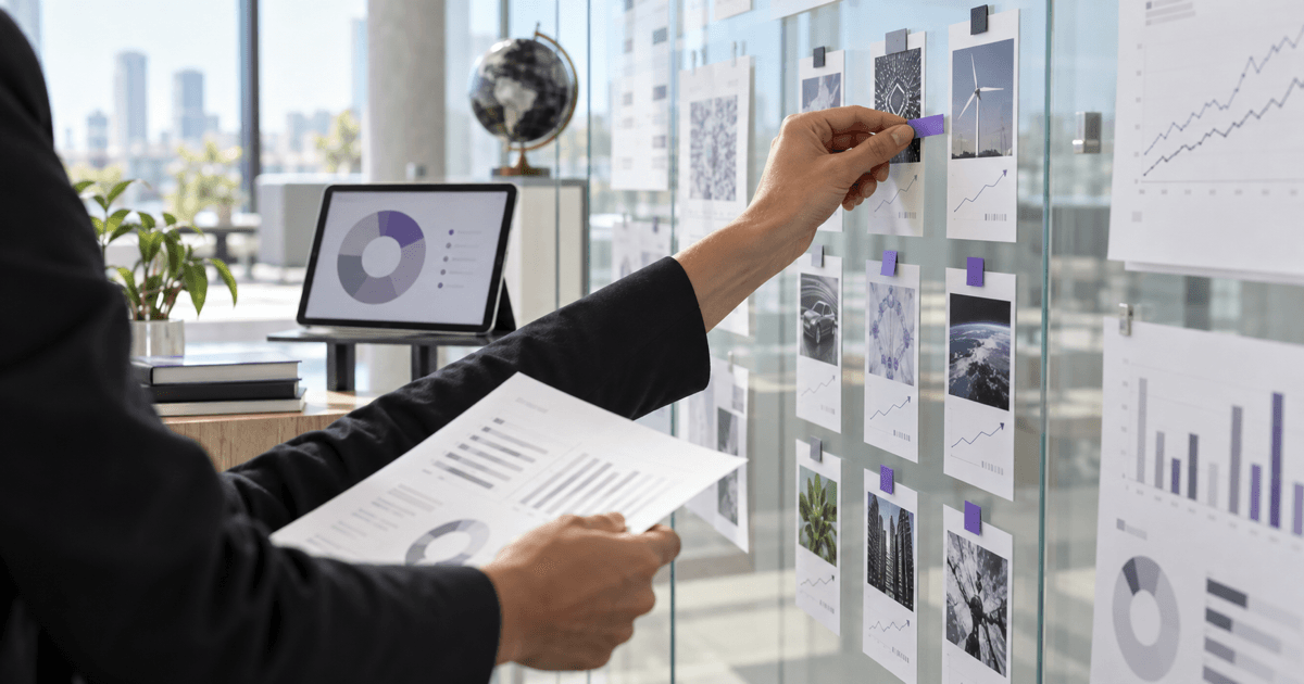 An investment research studio with a wall-mounted portfolio board, printed trade slips and purple marker tabs, with no readable company names