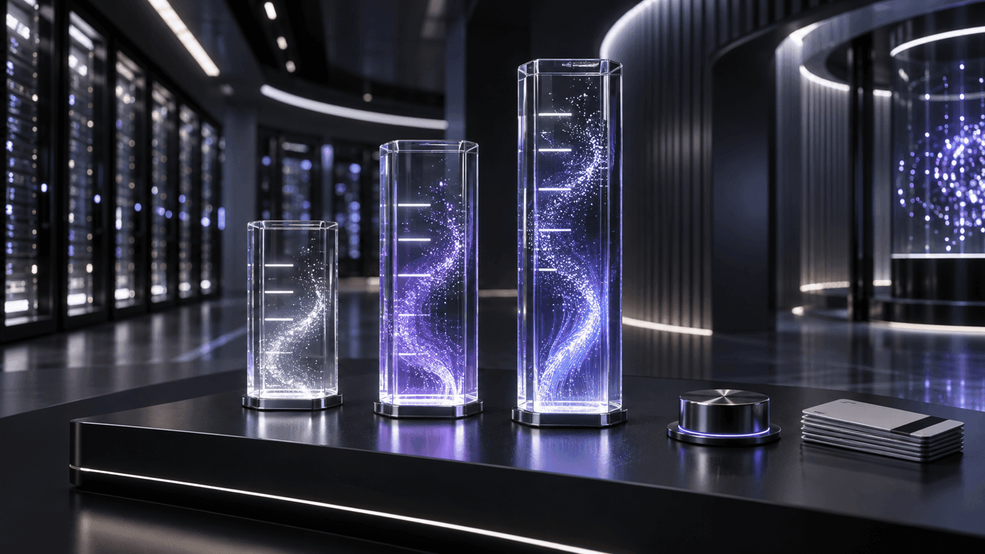 Three illuminated glass columns representing graduated AI usage tiers in a dark technology control room