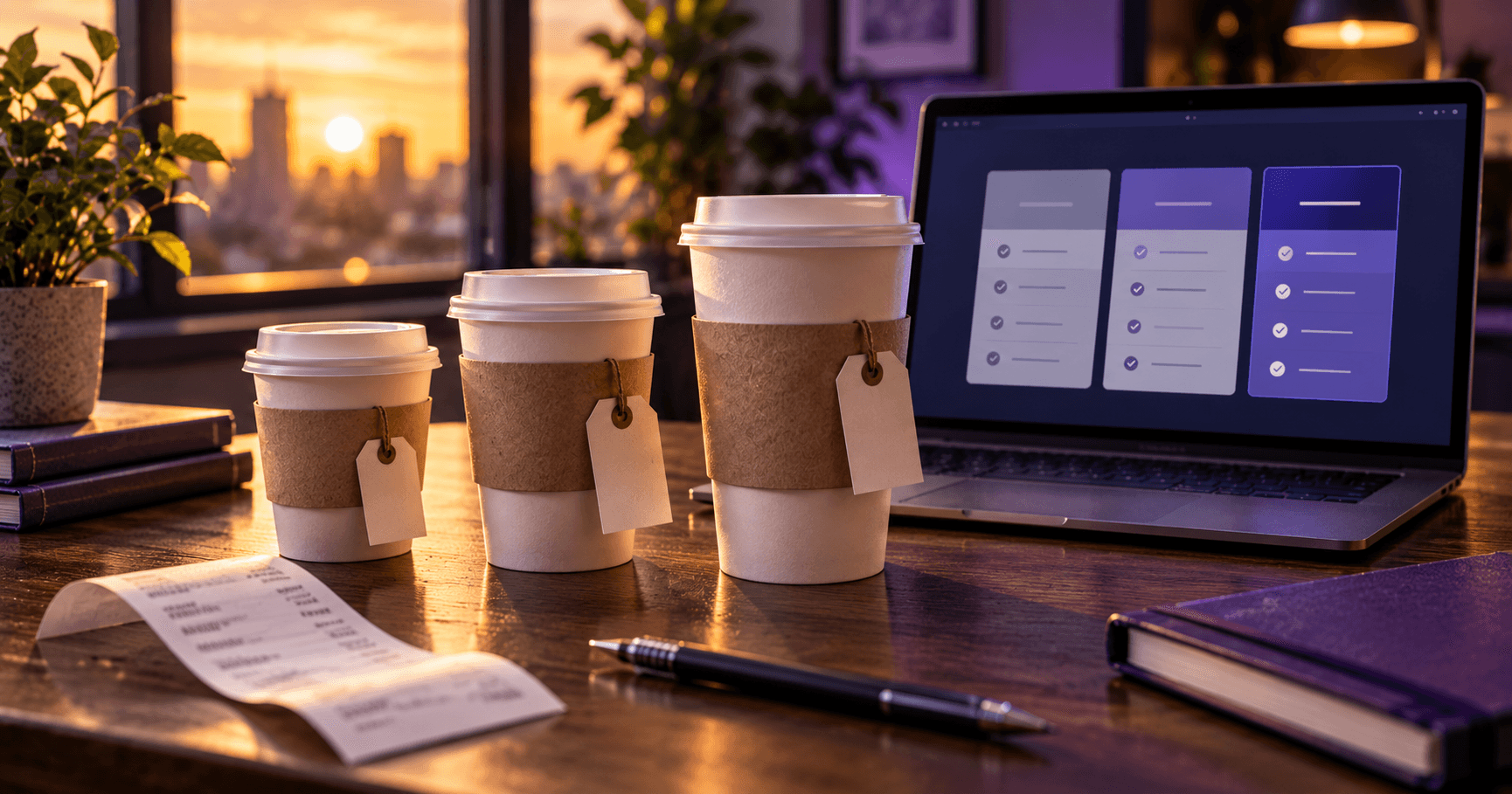 Three coffee cups of different sizes on a desk beside a laptop showing a cost table, a receipt tucked under one cup