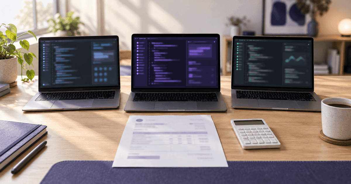 Three developer laptops side by side on a desk, each running a coding agent in a terminal, with a monthly invoice and a calculator between them