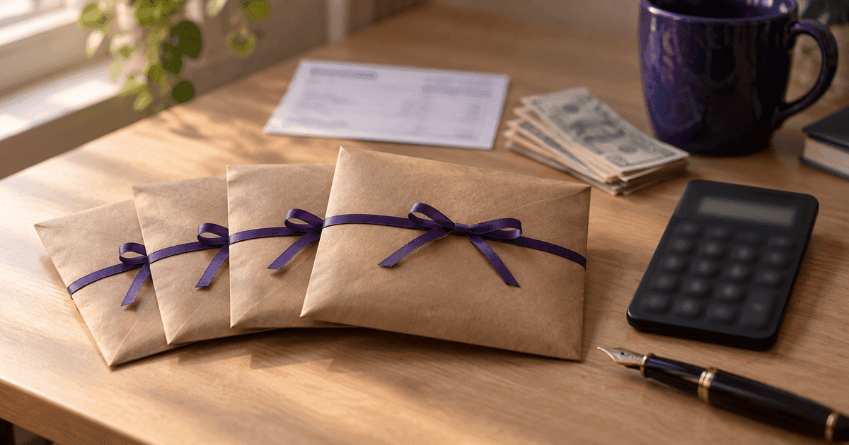Four labelled envelopes on a desk — fixed costs, investments, savings, guilt-free — beside a paycheck and a calculator