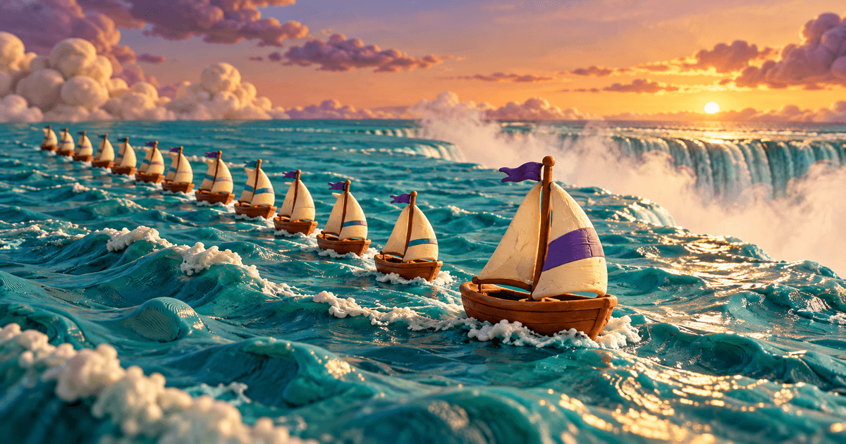 A claymation fleet of small sailboats following one glossy lead boat across a calm sea toward the hidden edge of a waterfall