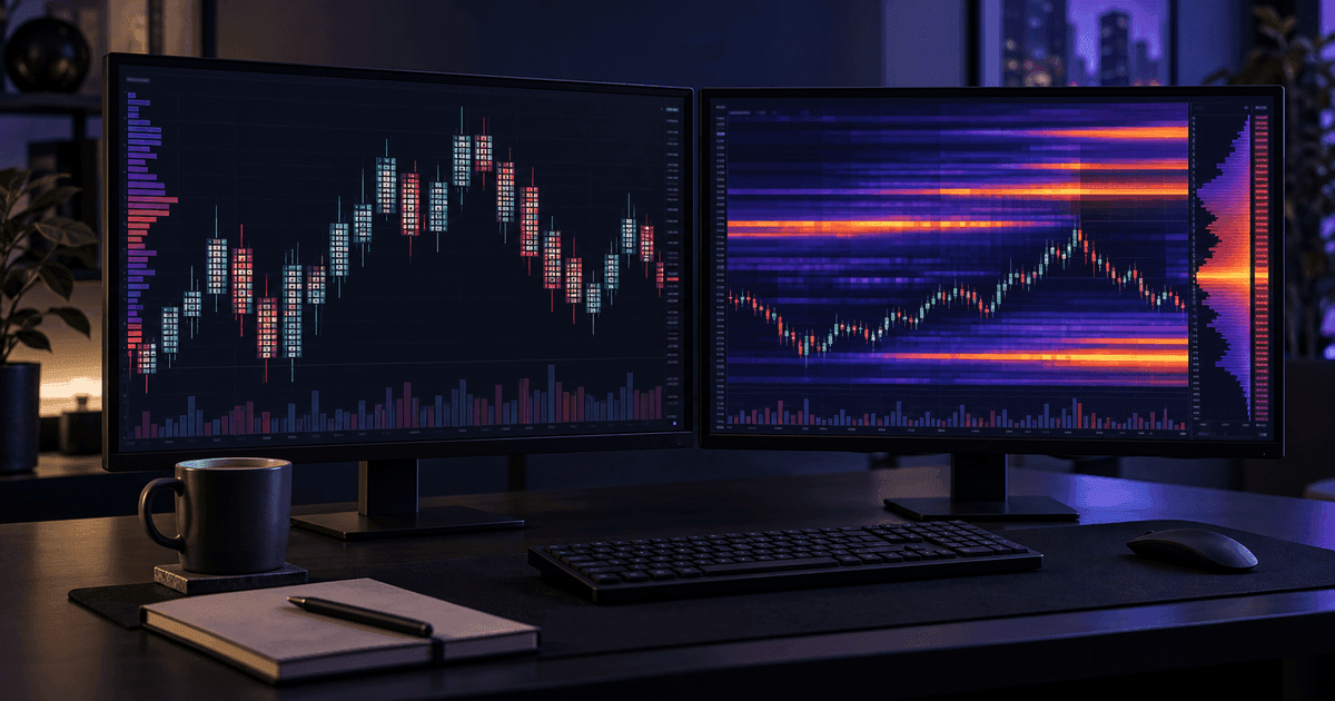 A dark trading desk with two monitors: a footprint chart with bid and ask volumes inside each candle on one, a liquidity heatmap with bright horizontal bands on the other, a notebook and coffee in front