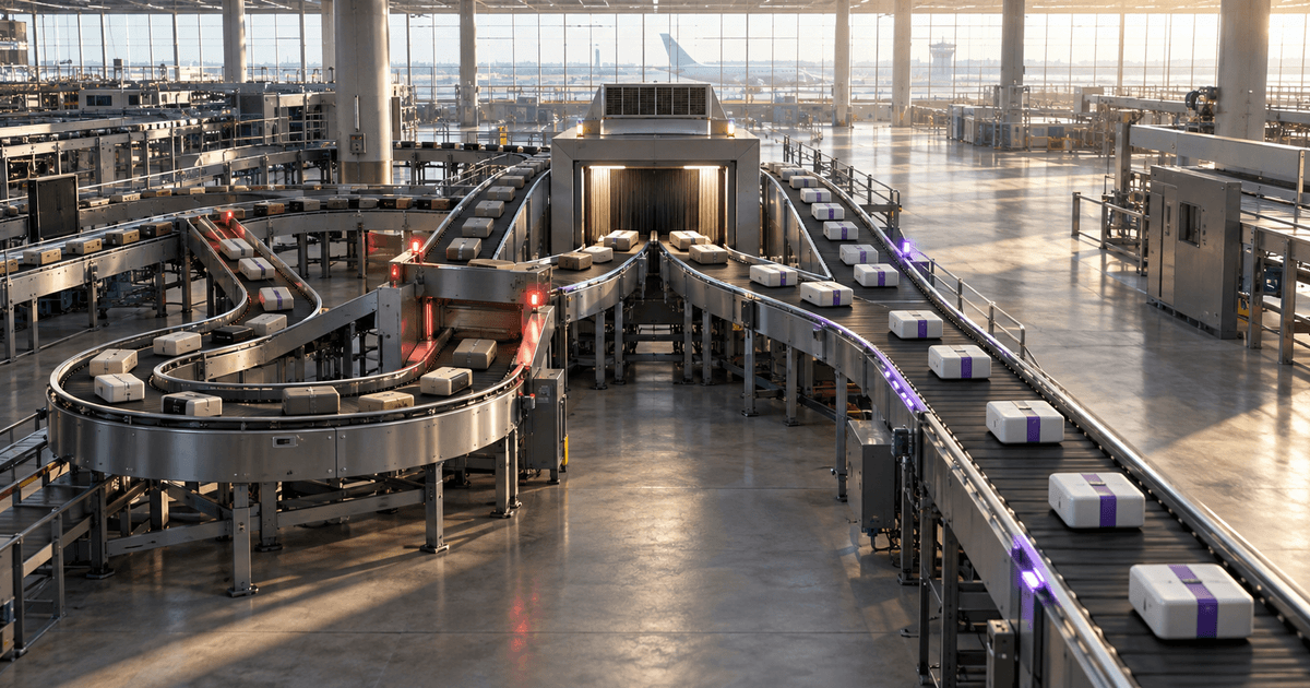 Two airport baggage sorting routes carrying token-like parcels through different price and rework paths with a restrained violet accent