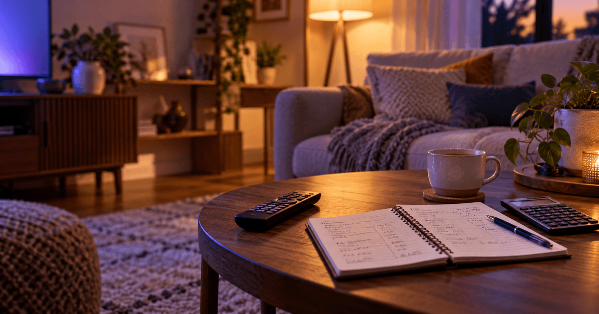 A remote control and a small notebook with a calculator on a living-room coffee table in evening light, with a soft violet glow from an unseen screen