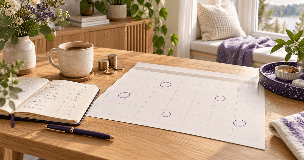 A wall calendar with a few circled dates beside a notebook of handwritten dividend amounts, a coffee cup and a small stack of coins in soft morning light