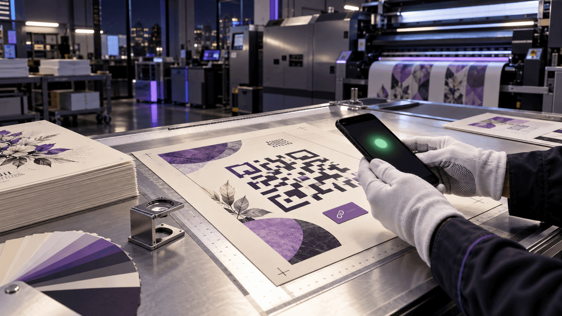 A commercial print technician testing a purple-accented QR poster proof with a smartphone before production