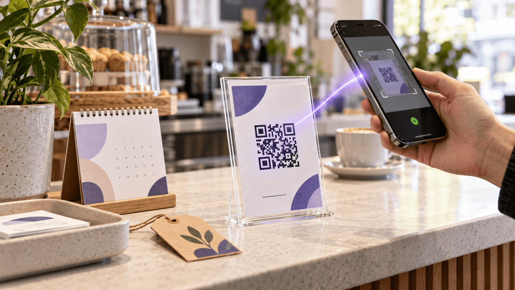 A smartphone scanning a printed QR code card on a clean counter with restrained purple accents