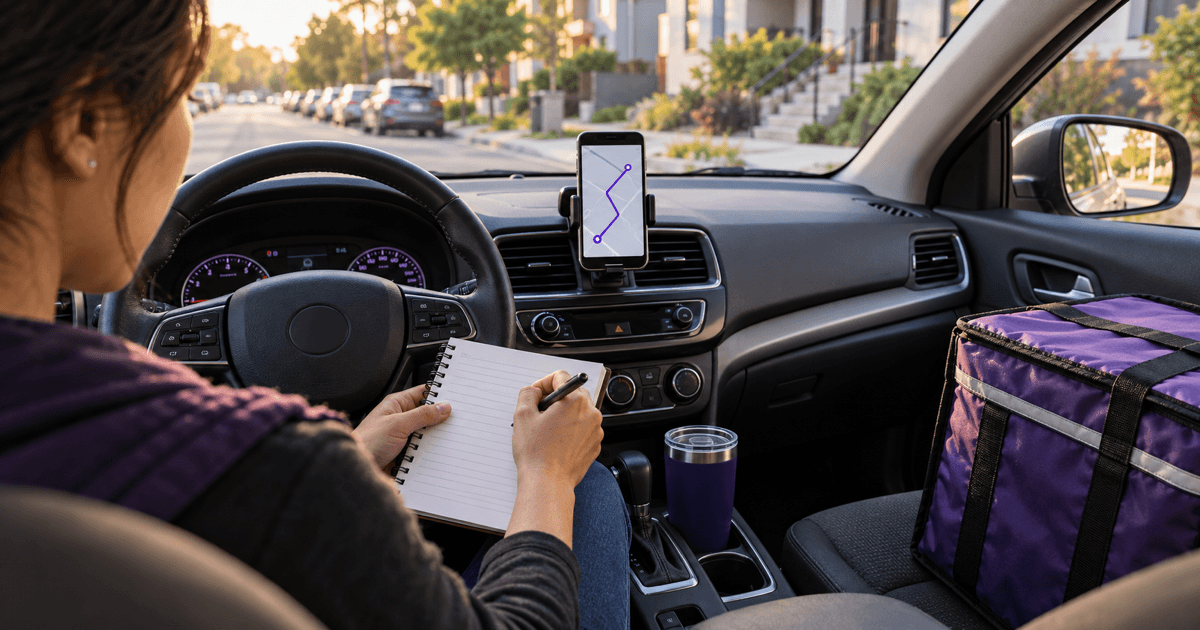 Delivery driver recording business mileage in a parked car