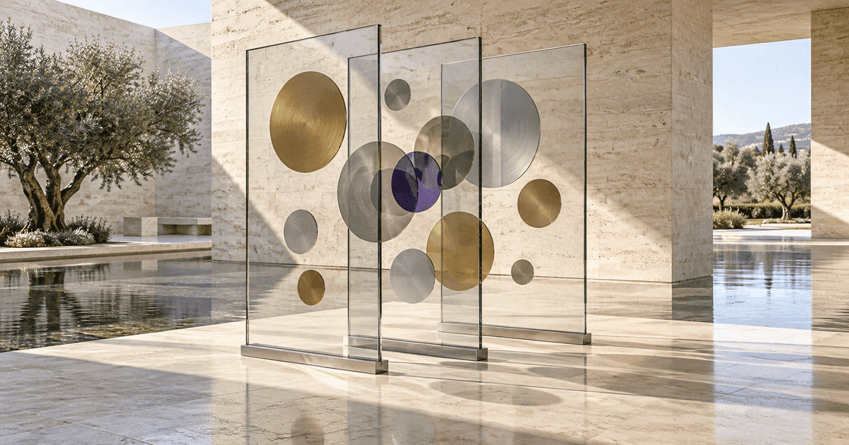 Overlapping translucent portfolio layers aligned on a bright architectural light table in a modern gallery