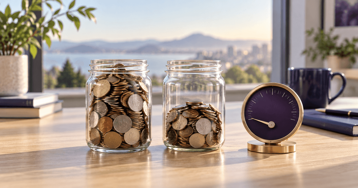 Two identical glass jars of coins on a desk in morning light, one slightly fuller than the other, with a small violet dial beside them