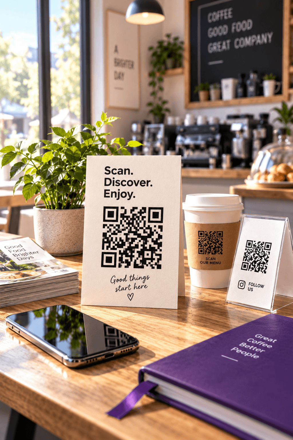 A weathered printed QR code on a café window still being scanned by a phone, a stack of fresh flyers with the same code on the counter inside