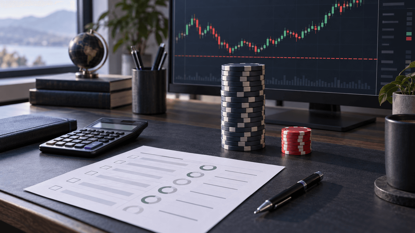 A trader's desk showing a risk dashboard beside a printed evaluation checklist with restrained purple accents