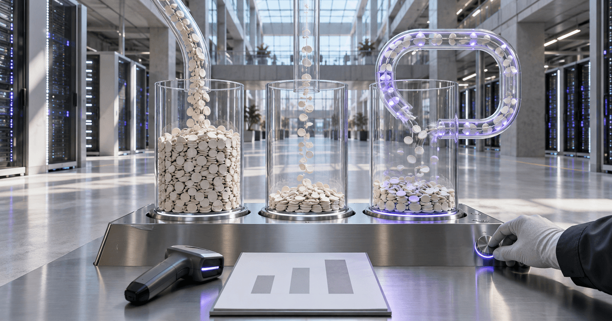 A clean technology operations room with three transparent token-flow cylinders representing different AI processing costs and a restrained violet accent