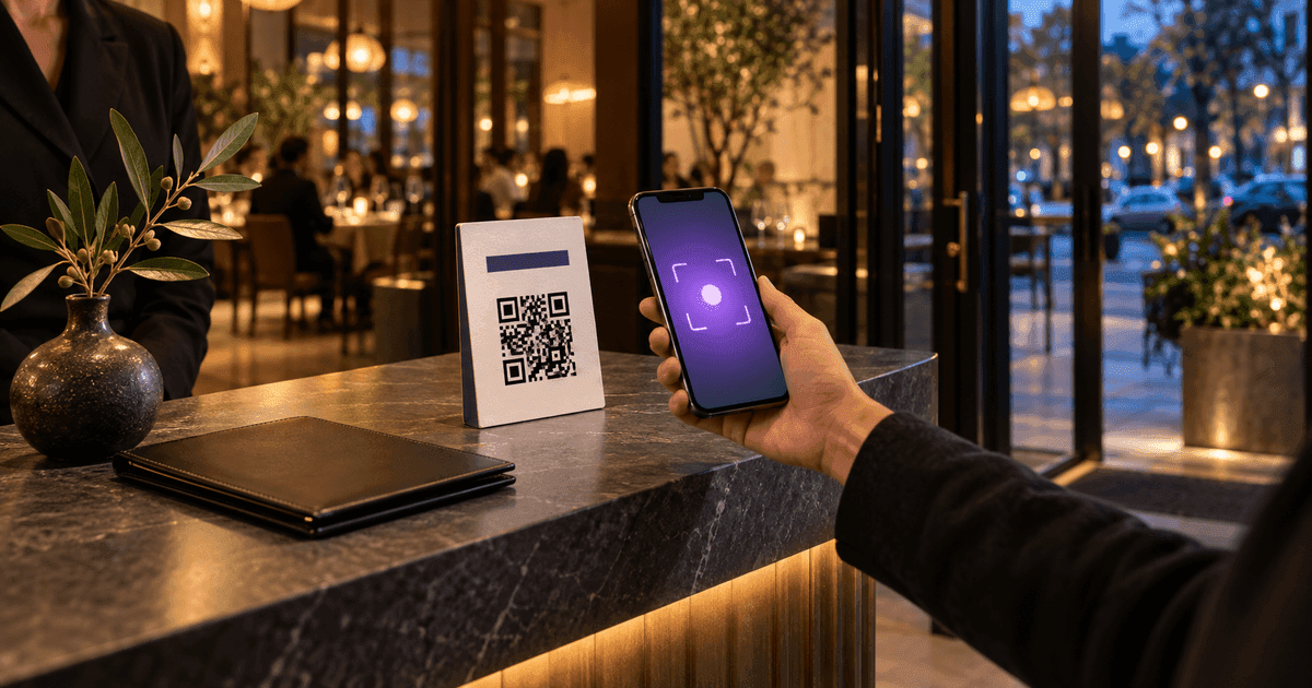 A restaurant host stand with a small review QR card, receipt folder and smartphone scanning in warm evening light