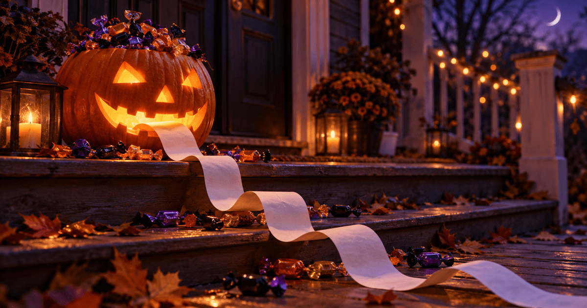 A carved pumpkin candy bowl overflowing with wrapped sweets, a long paper receipt curling out of it like a tongue