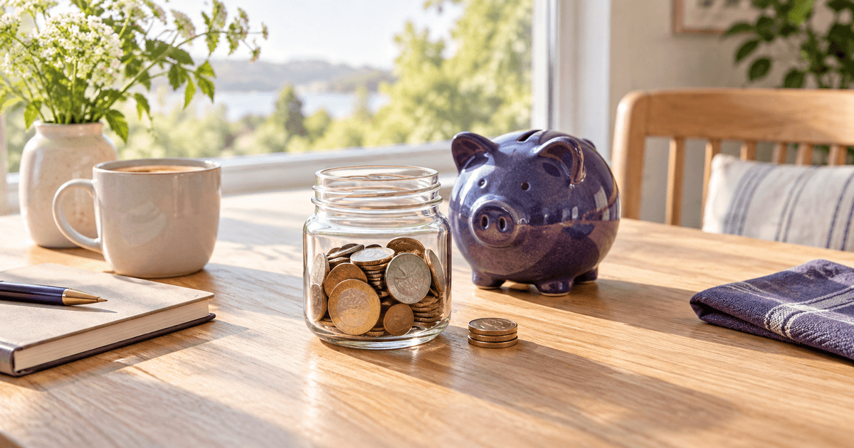 Two glass jars of coins on a sunlit desk beside a small violet savings box and a closed notebook