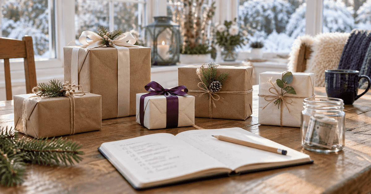 Wrapped holiday gifts in plain paper on a wooden table beside a handwritten gift list and a small savings jar, with a restrained violet ribbon